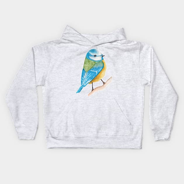 Watercolor - Cute blue tit Kids Hoodie by Karoのkyuuto